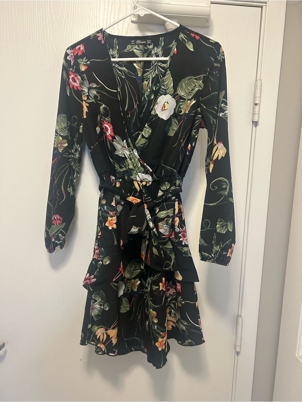 UGUEST Black Floral Wrap Tie-Waist Mini Dress with Green Leaf Print